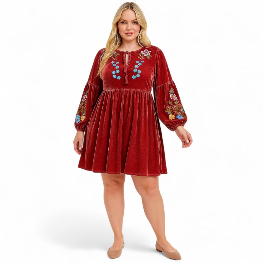 SHEIN Curve Velvet Mini Dress Wine Red Floral Embroidered‎ Fall Boho Look | 2X